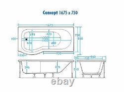 11 JET 1675 x 850mm CONCEPT P SHAPED RH SHOWER WHIRLPOOL SPA BATH