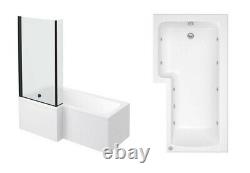 8 Jet L Shape Shower Bath 1700mm with Black Bath Screen and Optional LED Light