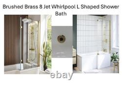 Brushed Brass Whirlpool 8 Jet L Shape Shower Bath 1700mm with Brass Bath Screen