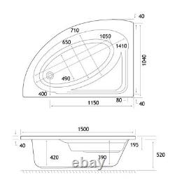 Lundy 1500 x 1040mm RH Corner 12 Jet Whirlpool / Spa Bath inc Panel 420mm deep