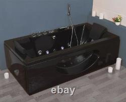 Luxury Whirlpool Bathtub Black with Glass Heater Ozone Front 2x LED for Bathroom