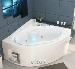 Luxury Whirlpool Bathtub with LED Stream Ozone Heater 165x148 cm Corner Bath