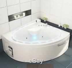 Luxury Whirlpool Bathtub with LED Stream Ozone Heater 165x148 cm Corner Bath