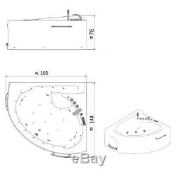 Luxury Whirlpool Bathtub with LED Stream Ozone Heater 165x148 cm Corner Bath