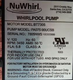 Nuwhirl BT7305 Whirlpool Pump PA075 00UCSB
