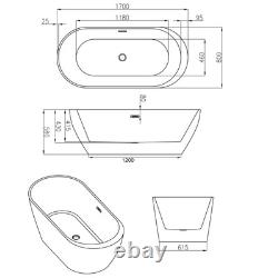 Roman Black 1700mm x 800mm Whirlpool Freestanding Bath 20 Jets