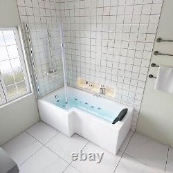 Whirlpool Jetted Soaking Tub with Screen and Lights L Shape Hydromassage Bathtub