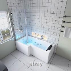 Whirlpool Jetted Soaking Tub with Screen and Lights L Shape Hydromassage Bathtub