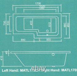 Whirlpool Shower Bath L Shaped Left hand'MATRIX' 1700mm with 10 Jet System