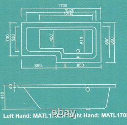 Whirlpool Shower Bath L Shaped Left hand'MATRIX' 1700mm with 10 Jet System